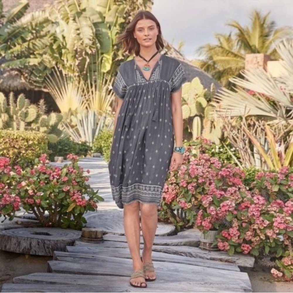 Sundance Aura Gray Boho Embroidered Whipstitch Tasseled Tunic Mini Dress Sz XS